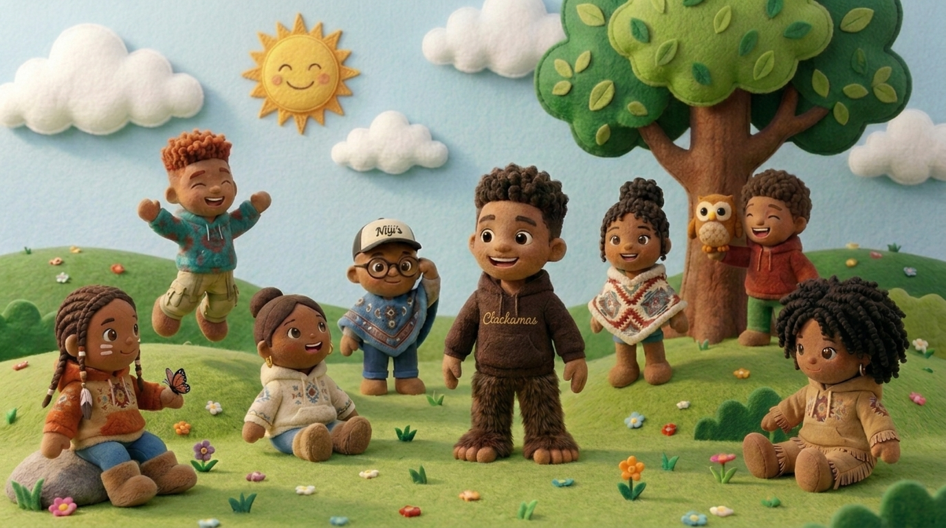 The Little Niiji's plush cast in a felt meadow