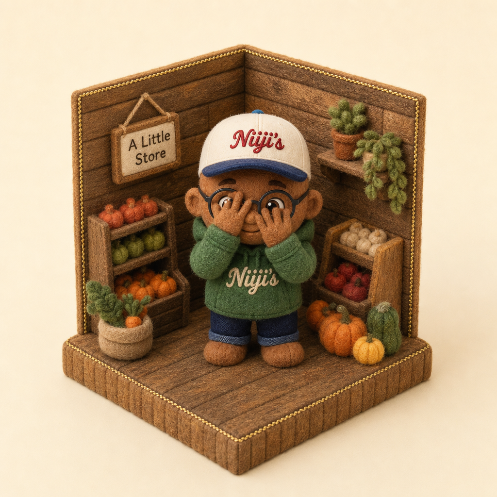 Little Sondae inside A Little Store, wearing the Niiji's cap and hoodie
